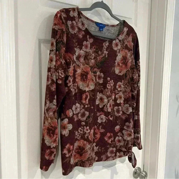 Apt 9 Floral Long Sleeve Round Neck Blouse Sz L Maroon Side Tie Shirt Fall Boho - Picture 4 of 11
